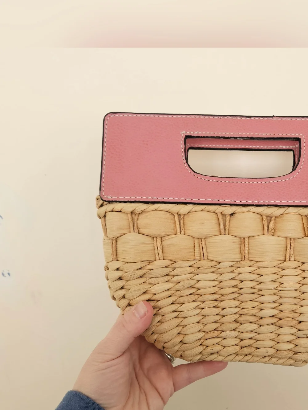 Vintage Liz Claiborne Woven Corn Husk Clutch Pink Leather Top Handle Bow Detail